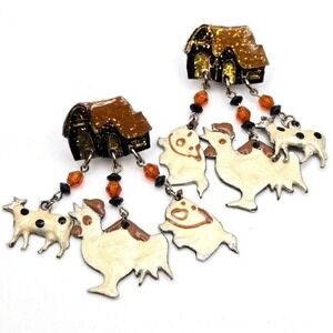 Fun 80s Barnyard Dangle Clip-on Earrings Enameled Cows Pigs Chickens and Barn‎